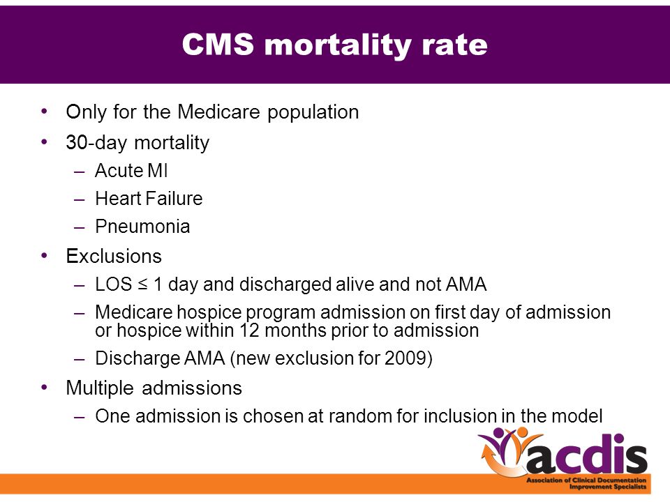 CMS mortality rate Only for the Medicare population 30-day mortality – Acute MI – Heart Failure – Pneumonia Exclusions – LOS ≤ 1 day and discharged alive and not AMA – Medicare hospice program admission on first day of admission or hospice within 12 months prior to admission – Discharge AMA (new exclusion for 2009) Multiple admissions – One admission is chosen at random for inclusion in the model