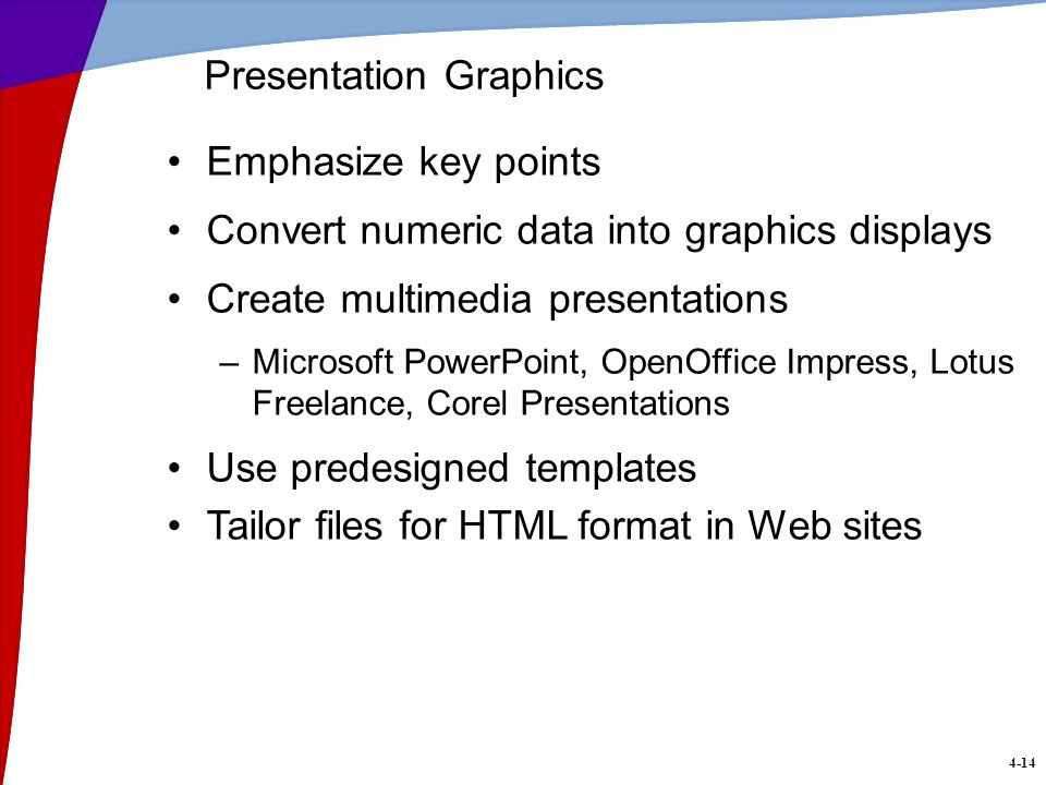 4-14 Presentation Graphics Emphasize key points Convert numeric data into graphics displays Create multimedia presentations –Microsoft PowerPoint, OpenOffice Impress, Lotus Freelance, Corel Presentations Use predesigned templates Tailor files for HTML format in Web sites