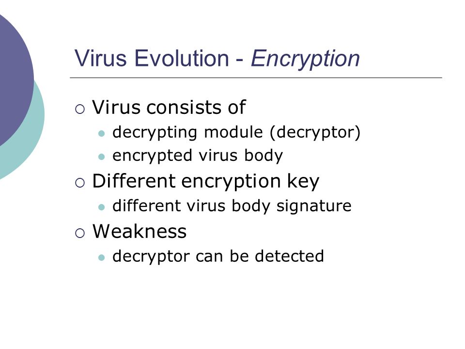 Virus Evolution - Encryption  Virus consists of decrypting module (decryptor) encrypted virus body  Different encryption key different virus body signature  Weakness decryptor can be detected