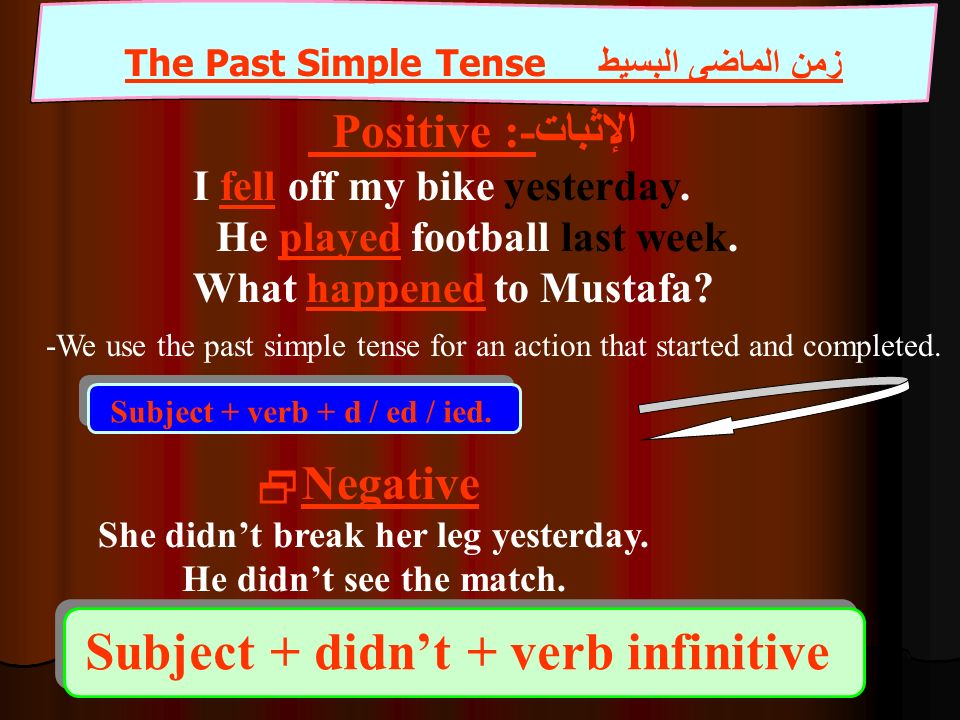 The Past Simple Tense زمن الماضى البسيط -We use the past simple tense for an action that started and completed.
