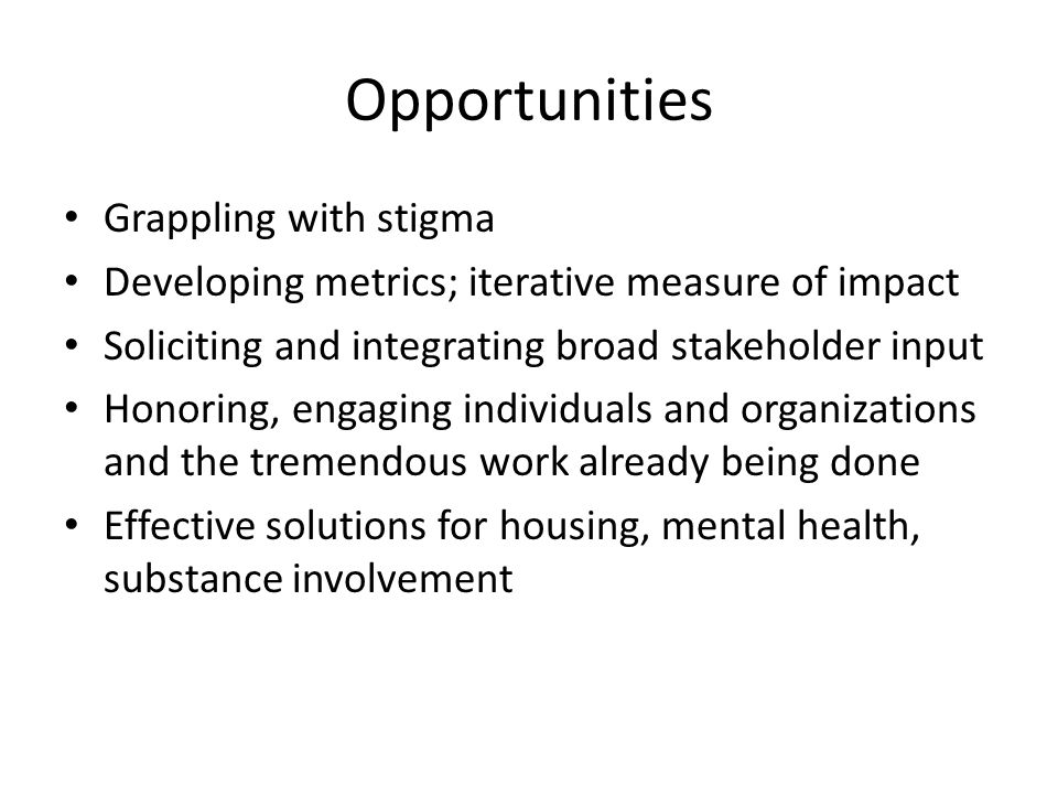 Opportunities Grappling with stigma Developing metrics; iterative measure of impact Soliciting and integrating broad stakeholder input Honoring, engaging individuals and organizations and the tremendous work already being done Effective solutions for housing, mental health, substance involvement