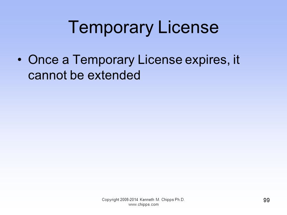 Temporary License Once a Temporary License expires, it cannot be extended Copyright Kenneth M.