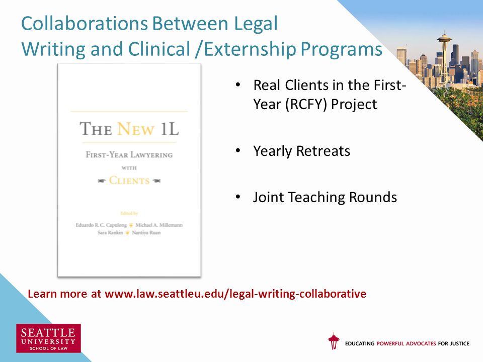 Collaborations Between Legal Writing and Clinical /Externship Programs Learn more at   Real Clients in the First- Year (RCFY) Project Yearly Retreats Joint Teaching Rounds