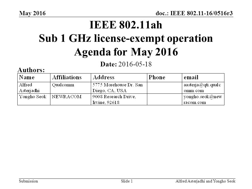 doc.: IEEE /0516r3 Submission May 2016 Alfred Asterjadhi and Yongho SeokSlide 1 IEEE ah Sub 1 GHz license-exempt operation Agenda for May 2016 Date: Authors: