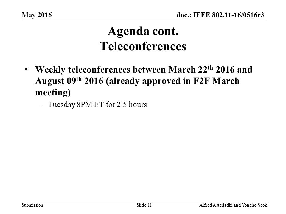 doc.: IEEE /0516r3 Submission Agenda cont.