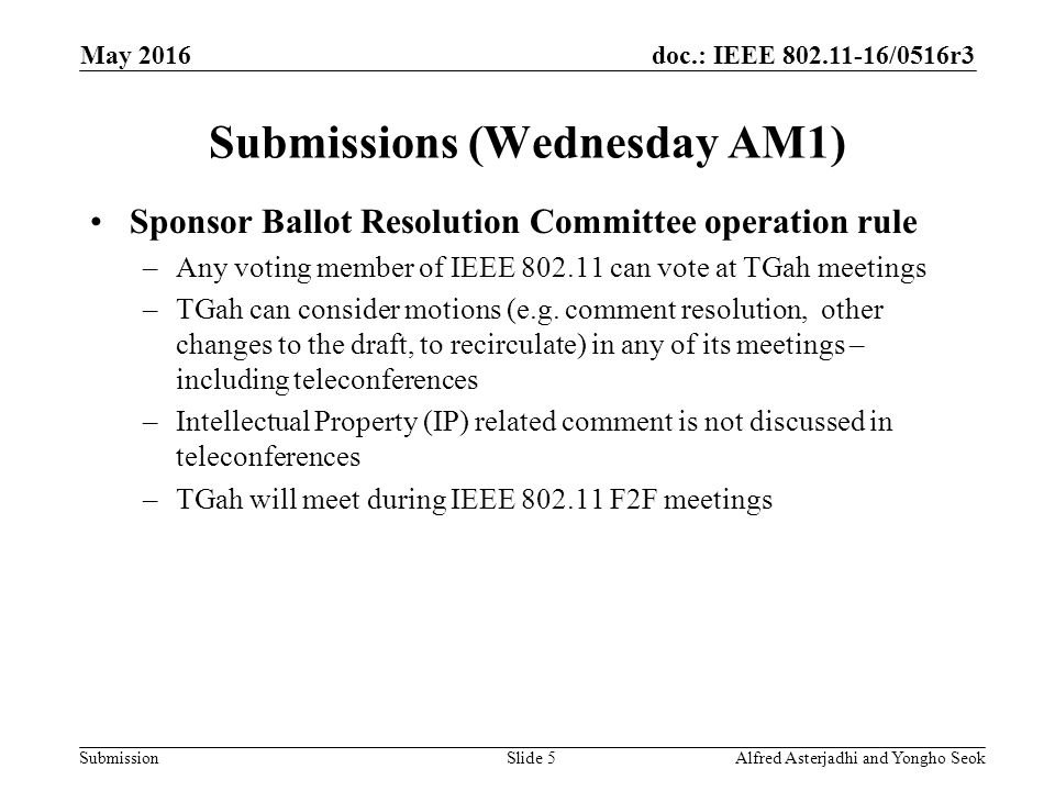 doc.: IEEE /0516r3 Submission Sponsor Ballot Resolution Committee operation rule –Any voting member of IEEE can vote at TGah meetings –TGah can consider motions (e.g.