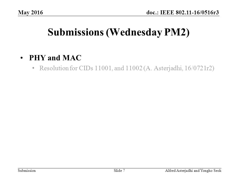 doc.: IEEE /0516r3 Submission Submissions (Wednesday PM2) Slide 7Alfred Asterjadhi and Yongho Seok May 2016 PHY and MAC Resolution for CIDs 11001, and (A.
