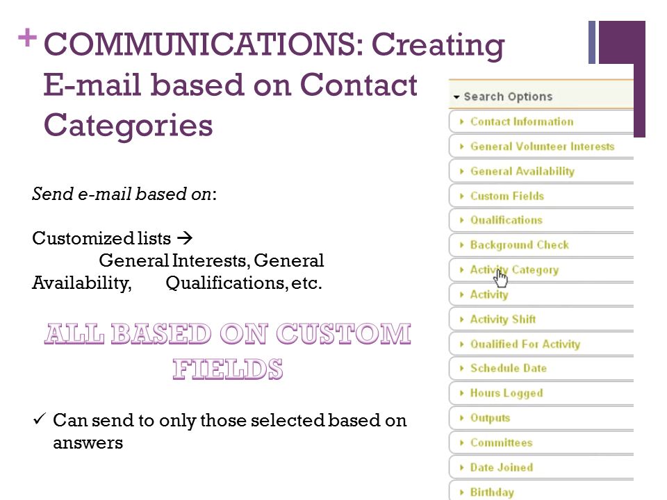 + COMMUNICATIONS: Creating  based on Contact Categories