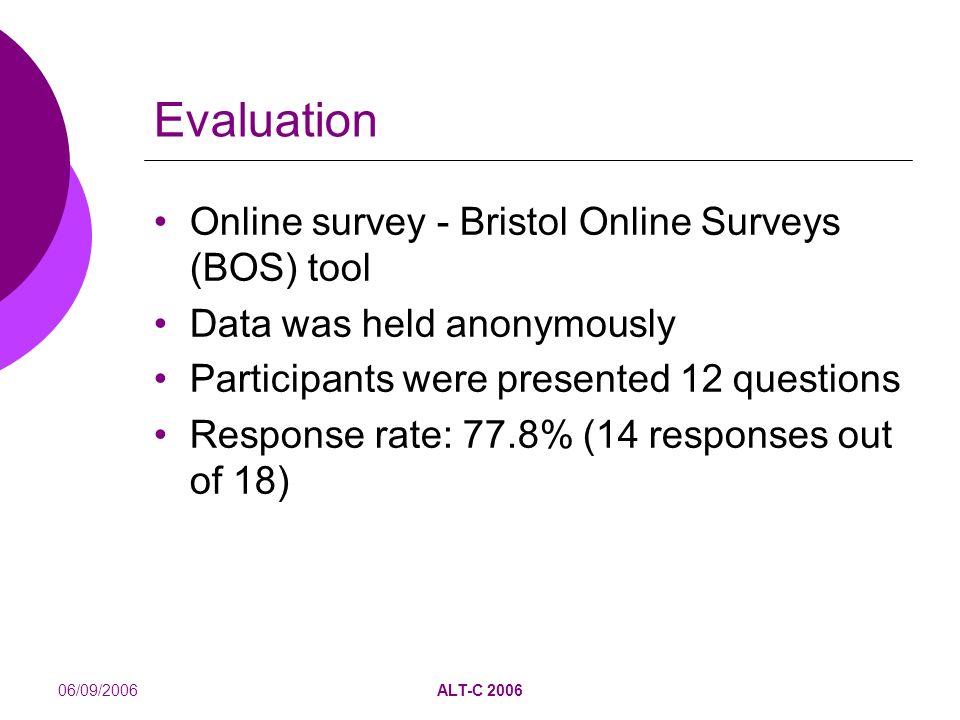 06/09/2006ALT-C 2006 Evaluation Online survey - Bristol Online Surveys (BOS) tool Data was held anonymously Participants were presented 12 questions Response rate: 77.8% (14 responses out of 18)