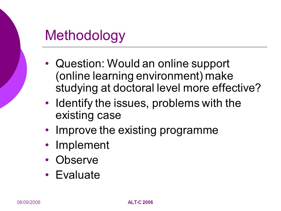 06/09/2006ALT-C 2006 Methodology Question: Would an online support (online learning environment) make studying at doctoral level more effective.