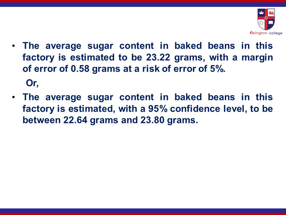 The average sugar content in baked beans in this factory is estimated to be grams, with a margin of error of 0.58 grams at a risk of error of 5%.