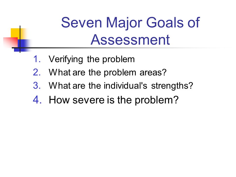 Seven Major Goals of Assessment 1. Verifying the problem 2.