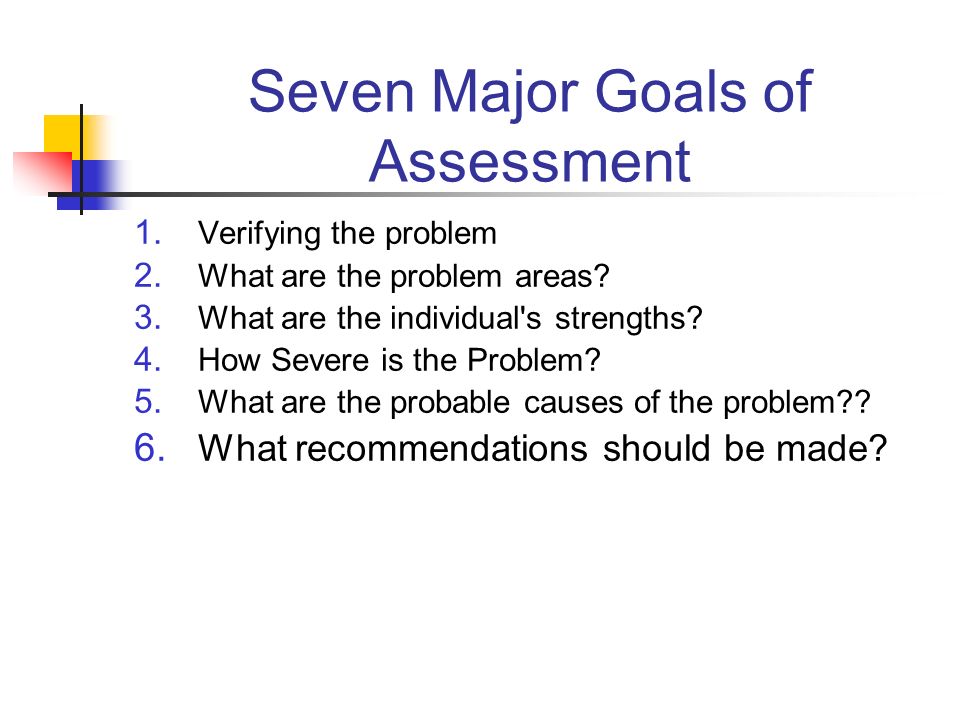 Seven Major Goals of Assessment 1. Verifying the problem 2.