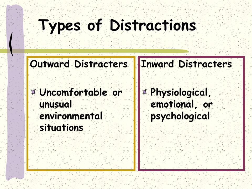 Types of Distractions Outward Distracters Uncomfortable or unusual environmental situations Inward Distracters Physiological, emotional, or psychological