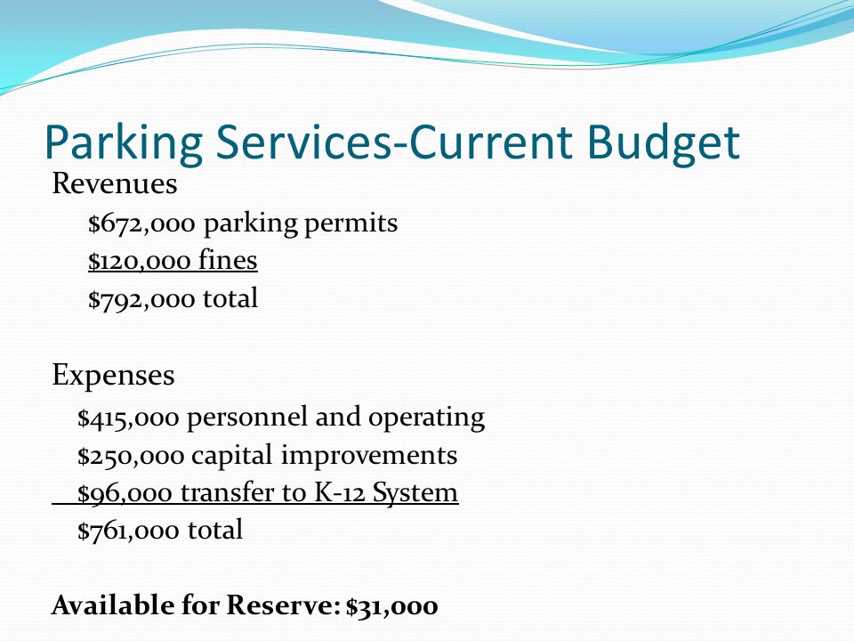 Parking Services-Current Budget Revenues $672,000 parking permits $120,000 fines $792,000 total Expenses $415,000 personnel and operating $250,000 capital improvements $96,000 transfer to K-12 System $761,000 total Available for Reserve: $31,000