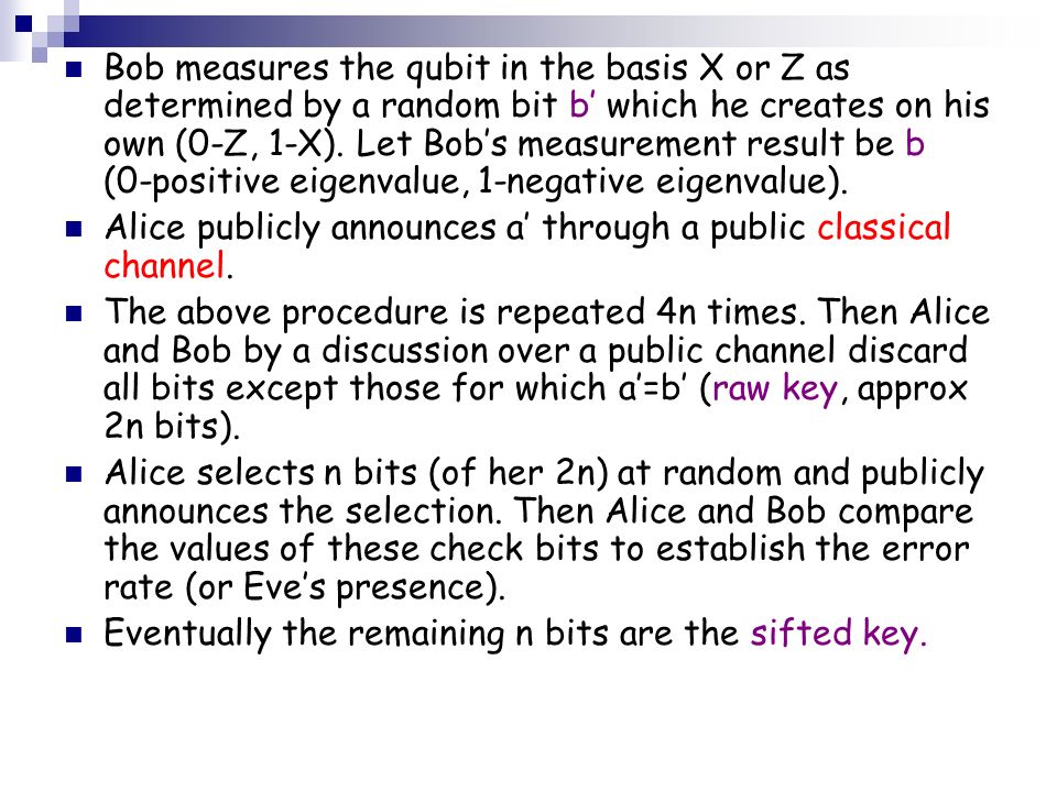 Bob measures the qubit in the basis X or Z as determined by a random bit b’ which he creates on his own (0-Z, 1-X).