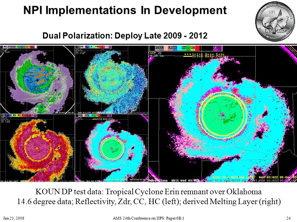 NPI Jan 23, 2008AMS 24th Conference on IIPS: Paper 6B.124 NPI Implementations In Development Dual Polarization: Deploy Late KOUN DP test data: Tropical Cyclone Erin remnant over Oklahoma 14.6 degree data; Reflectivity, Zdr, CC, HC (left); derived Melting Layer (right)