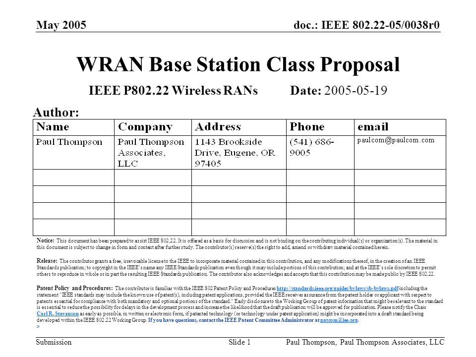 doc.: IEEE /0038r0 Submission May 2005 Paul Thompson, Paul Thompson Associates, LLCSlide 1 WRAN Base Station Class Proposal IEEE P Wireless RANs Date: Author: Notice: This document has been prepared to assist IEEE