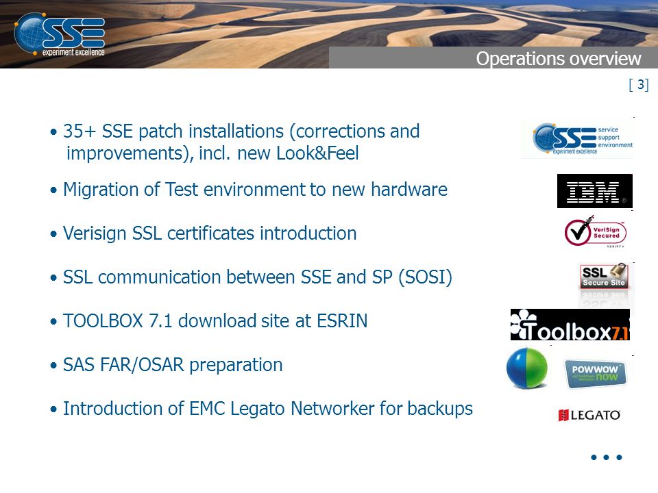 [ 3] Operations overview 35+ SSE patch installations (corrections and improvements), incl.