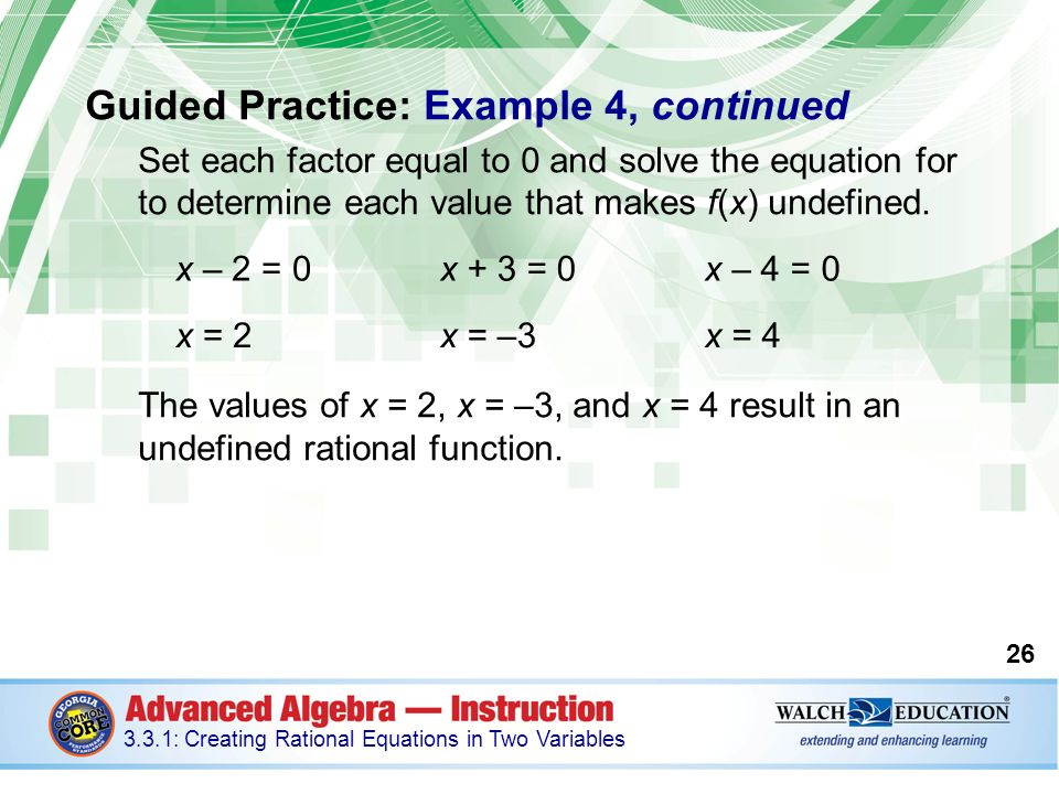 Guided Practice: Example 4, continued Set each factor equal to 0 and solve the equation for to determine each value that makes f(x) undefined.