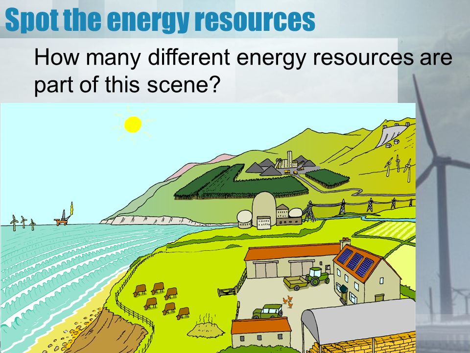 How many different energy resources are part of this scene Spot the energy resources