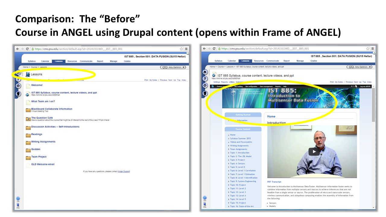 Comparison: The Before Course in ANGEL using Drupal content (opens within Frame of ANGEL)