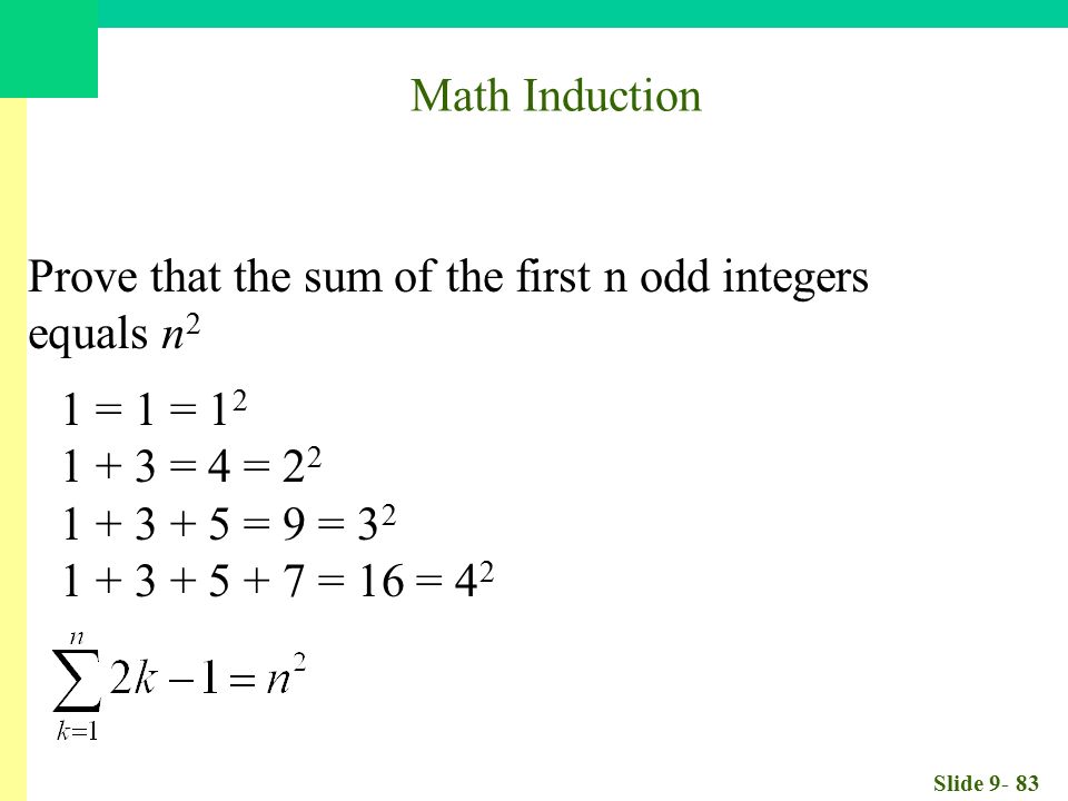 Slide Prove that the sum of the first n odd integers equals n 2 1 = 1 = = 4 = = 9 = = 16 = 4 2 Math Induction