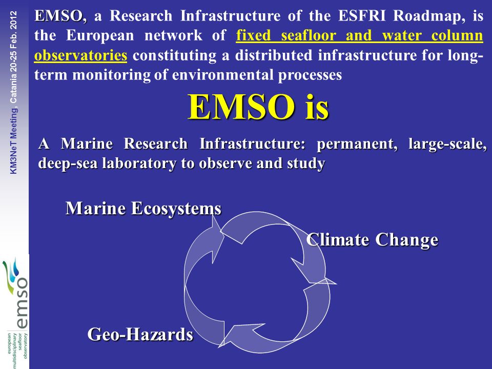 EMSO is A Marine Research Infrastructure: permanent, large-scale, deep-sea laboratory to observe and study Marine Ecosystems Marine Ecosystems Climate Change Climate Change Geo-Hazards Geo-Hazards EMSO, EMSO, a Research Infrastructure of the ESFRI Roadmap, is the European network of fixed seafloor and water column observatories constituting a distributed infrastructure for long- term monitoring of environmental processes