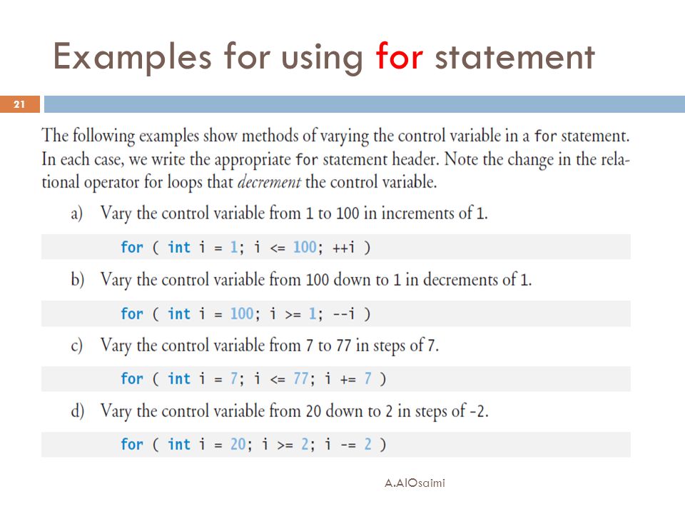 Examples for using for statement A.AlOsaimi 21