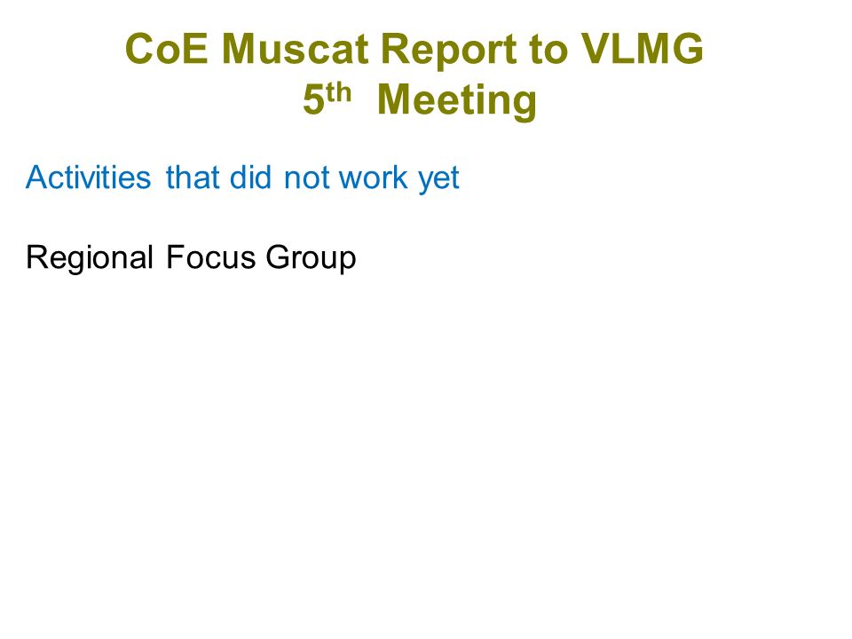 CoE Muscat Report to VLMG 5 th Meeting Activities that did not work yet Regional Focus Group