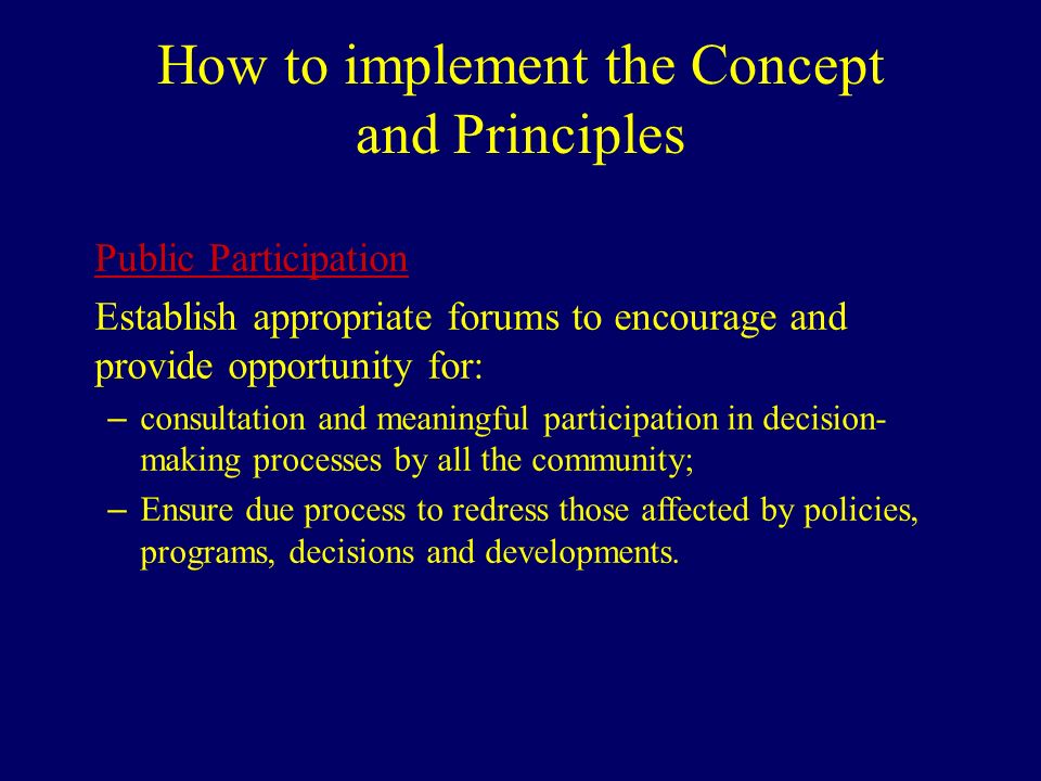 How to implement the Concept and Principles Public Participation Establish appropriate forums to encourage and provide opportunity for: – consultation and meaningful participation in decision- making processes by all the community; – Ensure due process to redress those affected by policies, programs, decisions and developments.
