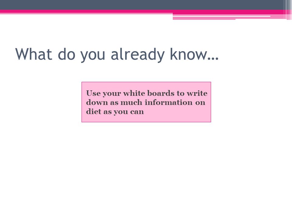 What do you already know… Use your white boards to write down as much information on diet as you can