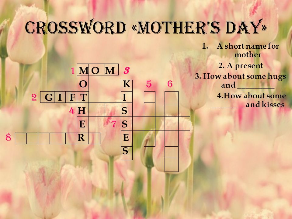 Crossword «Mother s Day» 1 M O M 3 O K G I F T I 4 H S E 7 S 8 R E S 1.A short name for mother 2.