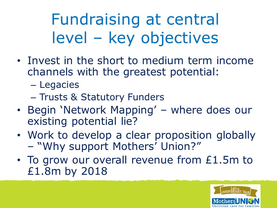 Fundraising at central level – key objectives Invest in the short to medium term income channels with the greatest potential: – Legacies – Trusts & Statutory Funders Begin ‘Network Mapping’ – where does our existing potential lie.