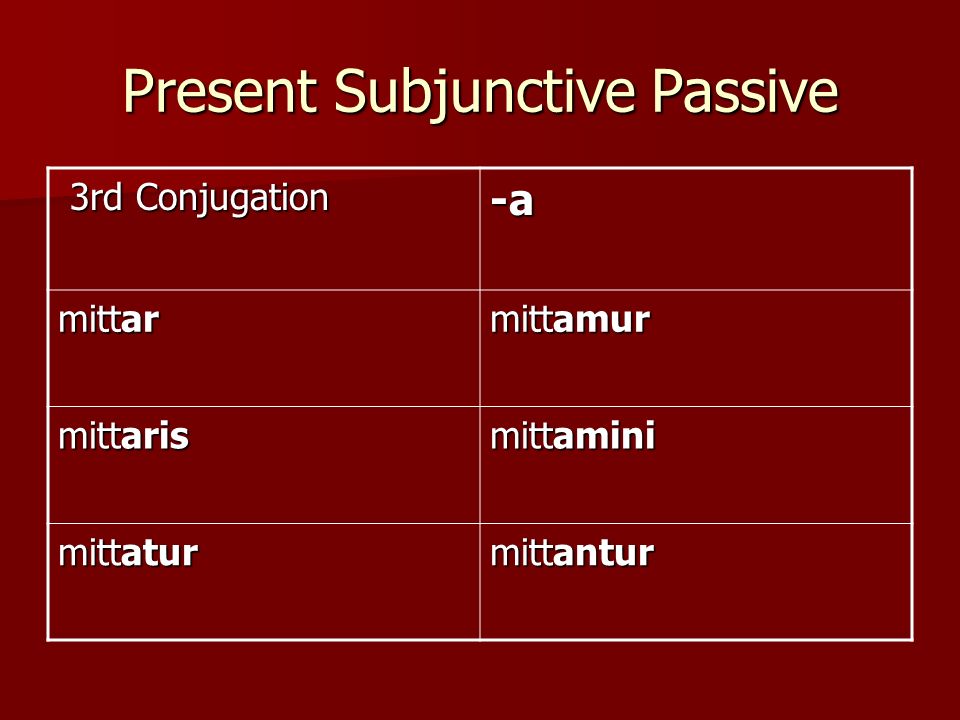 Present Subjunctive Passive 3rd Conjugation 3rd Conjugation-a mittar mittamur mittaris mittamini mittatur mittantur