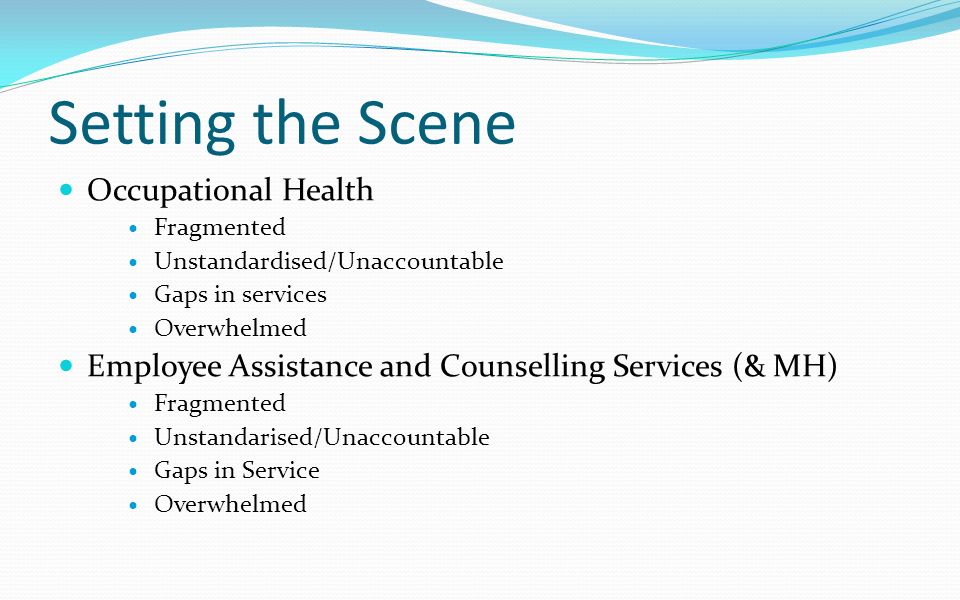 Setting the Scene Occupational Health Fragmented Unstandardised/Unaccountable Gaps in services Overwhelmed Employee Assistance and Counselling Services (& MH) Fragmented Unstandarised/Unaccountable Gaps in Service Overwhelmed