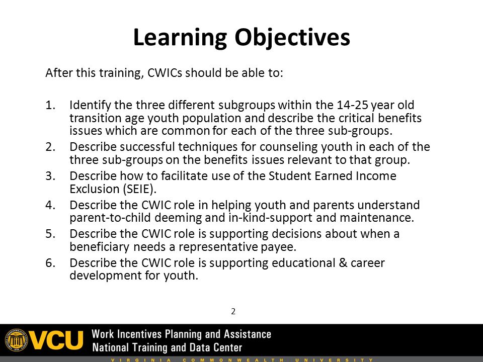 Learning Objectives After this training, CWICs should be able to: 1.Identify the three different subgroups within the year old transition age youth population and describe the critical benefits issues which are common for each of the three sub-groups.