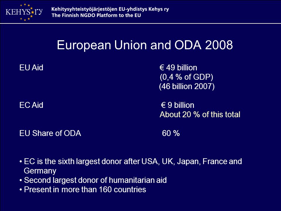 European Union and ODA 2008 EU Aid € 49 billion (0,4 % of GDP) (46 billion 2007) EC Aid € 9 billion About 20 % of this total EU Share of ODA 60 % EC is the sixth largest donor after USA, UK, Japan, France and Germany Second largest donor of humanitarian aid Present in more than 160 countries