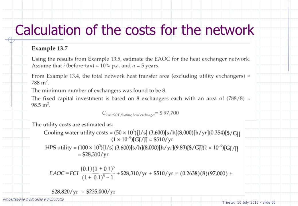 Progettazione di processo e di prodotto Trieste, 10 July slide 60 Calculation of the costs for the network
