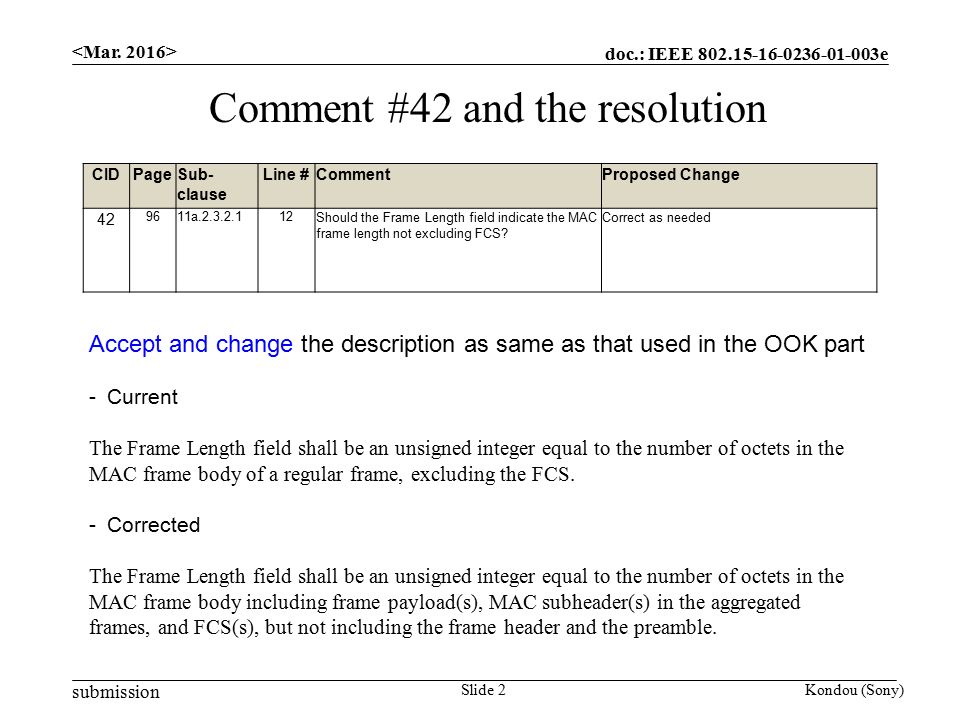 doc.: IEEE e submission Kondou (Sony)Slide 2 Comment #42 and the resolution CIDPageSub- clause Line #CommentProposed Change a Should the Frame Length field indicate the MAC frame length not excluding FCS.