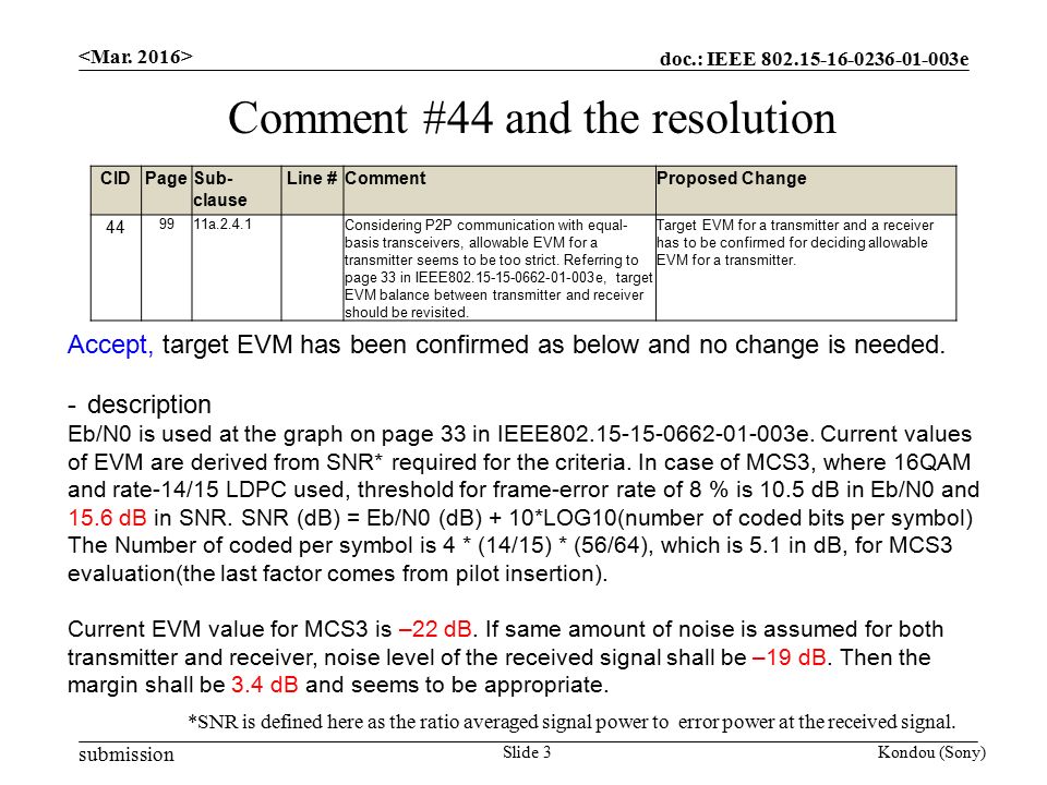 doc.: IEEE e submission Kondou (Sony)Slide 3 Comment #44 and the resolution CIDPageSub- clause Line #CommentProposed Change a Considering P2P communication with equal- basis transceivers, allowable EVM for a transmitter seems to be too strict.