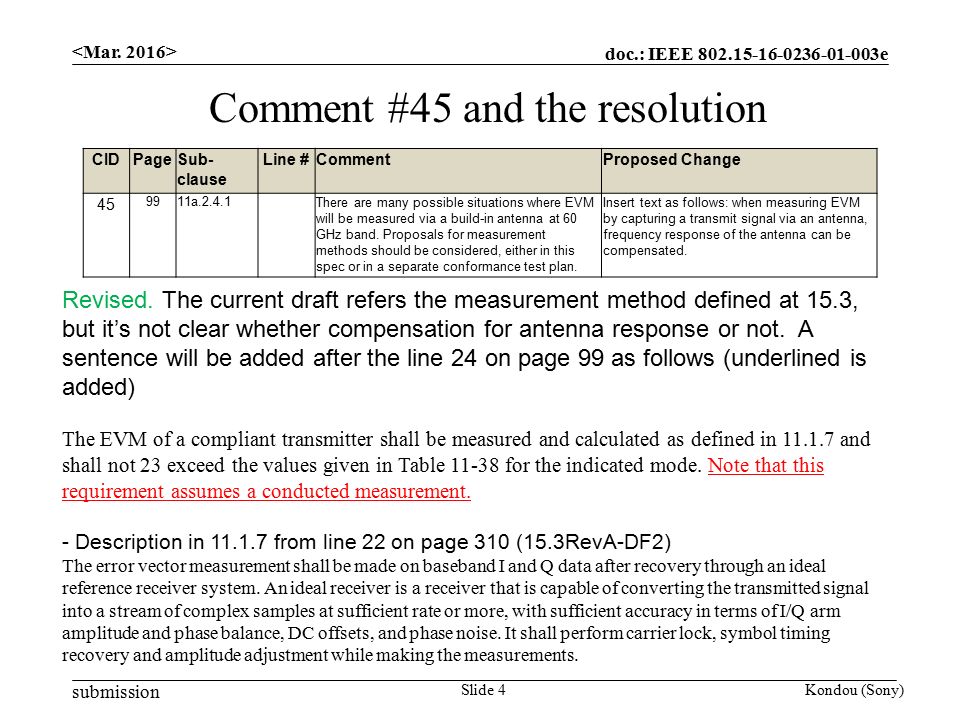 doc.: IEEE e submission Kondou (Sony)Slide 4 Comment #45 and the resolution CIDPageSub- clause Line #CommentProposed Change a There are many possible situations where EVM will be measured via a build-in antenna at 60 GHz band.
