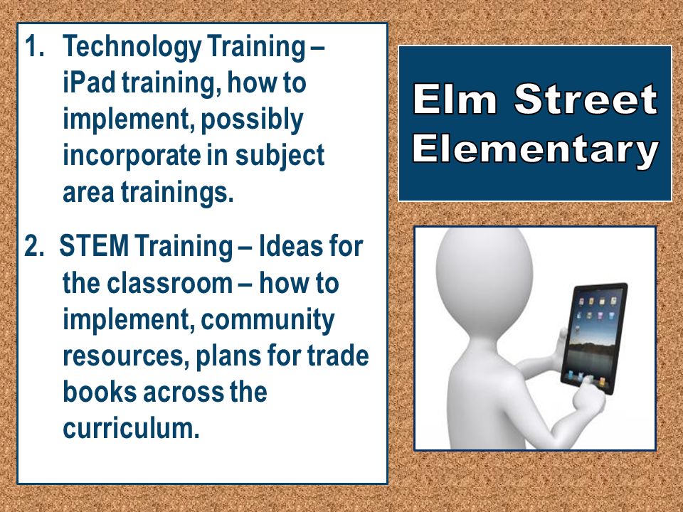 1.Technology Training – iPad training, how to implement, possibly incorporate in subject area trainings.