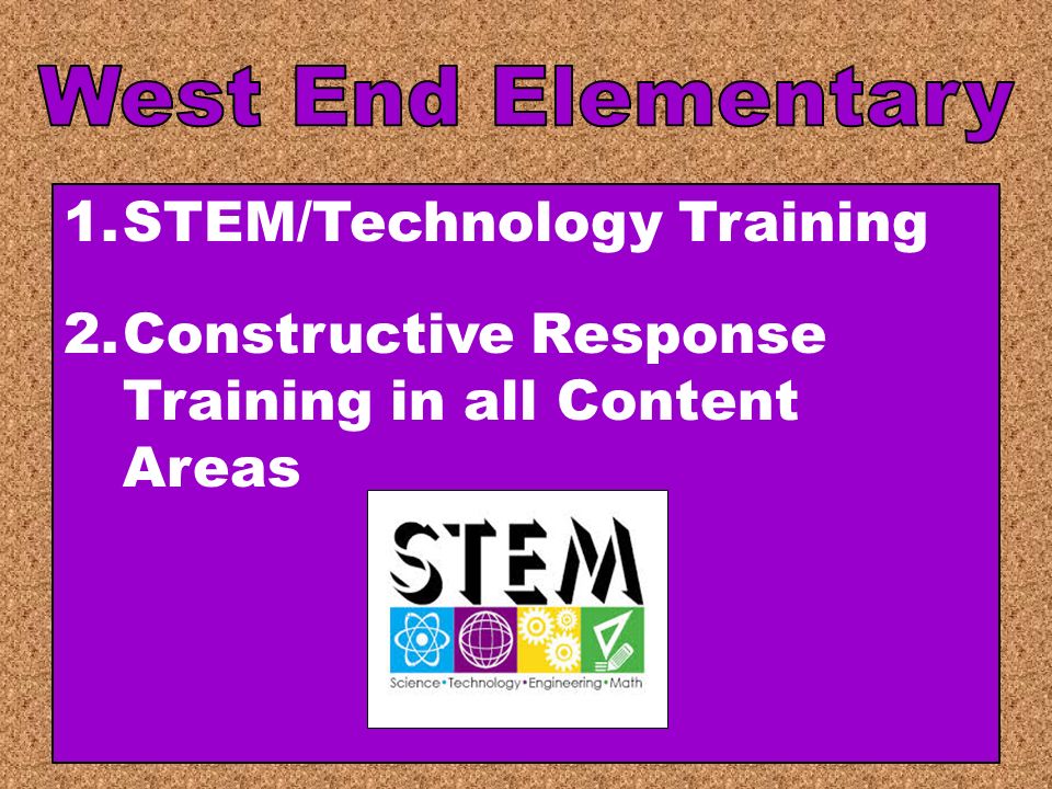 1.STEM/Technology Training 2.Constructive Response Training in all Content Areas
