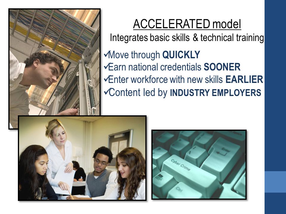 ACCELERATED model Integrates basic skills & technical training Move through QUICKLY Earn national credentials SOONER Enter workforce with new skills EARLIER Content led by INDUSTRY EMPLOYERS