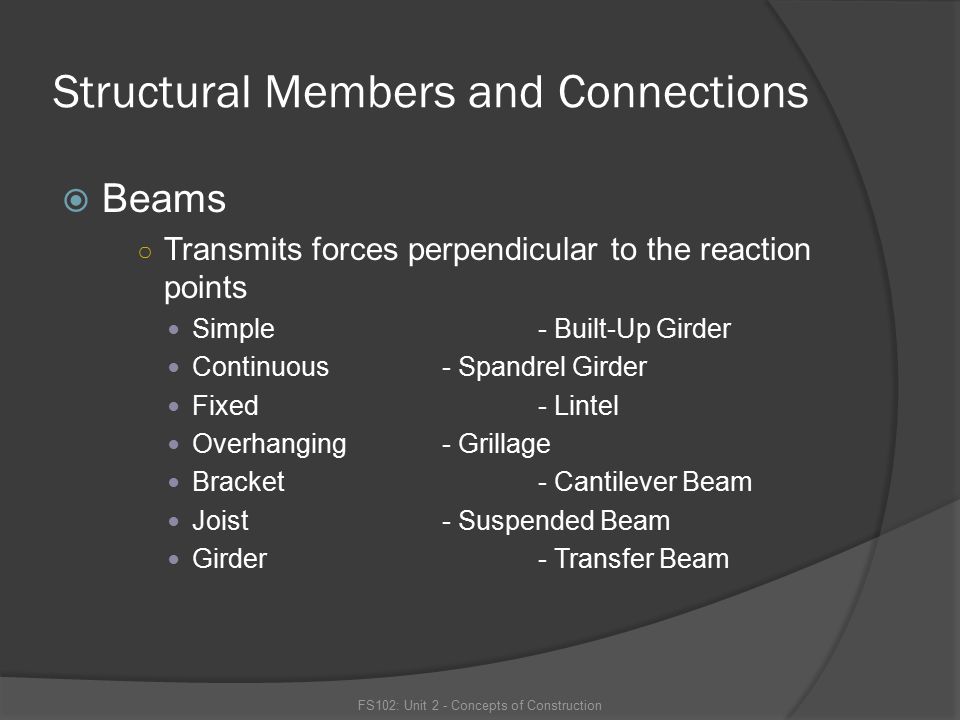 Structural Members and Connections  Beams ○ Transmits forces perpendicular to the reaction points Simple- Built-Up Girder Continuous- Spandrel Girder Fixed- Lintel Overhanging- Grillage Bracket- Cantilever Beam Joist- Suspended Beam Girder- Transfer Beam FS102: Unit 2 - Concepts of Construction