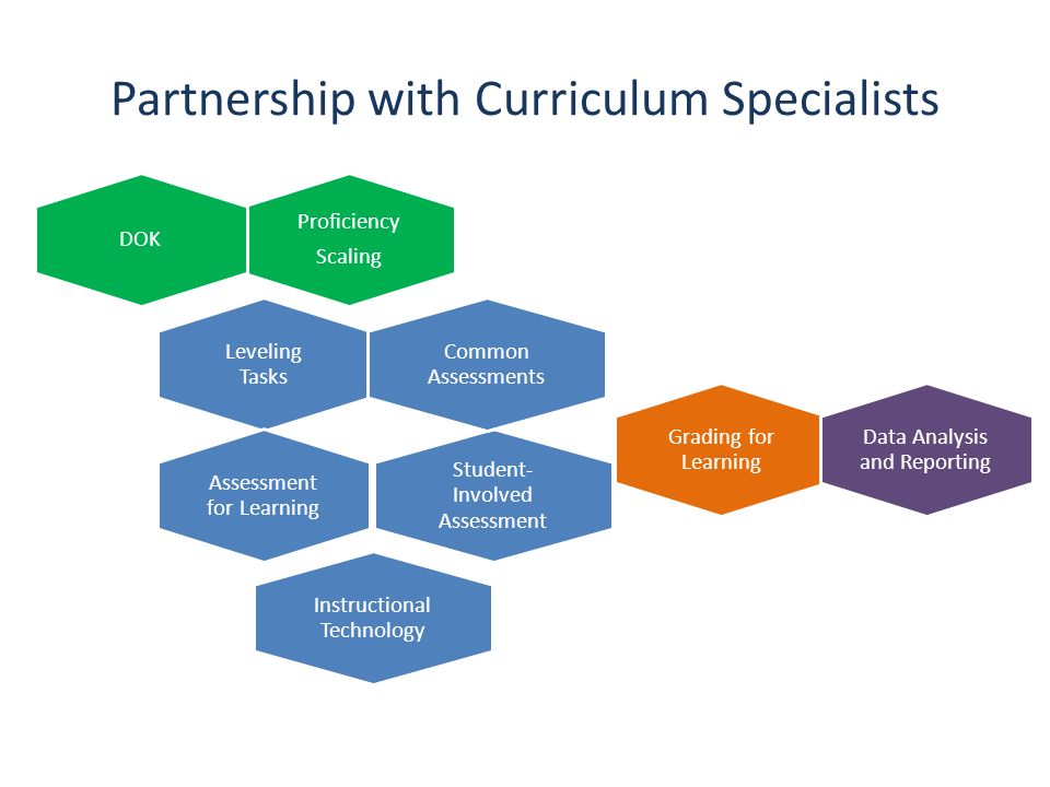 Partnership with Curriculum Specialists Proficiency Scaling DOK Leveling Tasks Assessment for Learning Student- Involved Assessment Grading for Learning Common Assessments Data Analysis and Reporting Instructional Technology