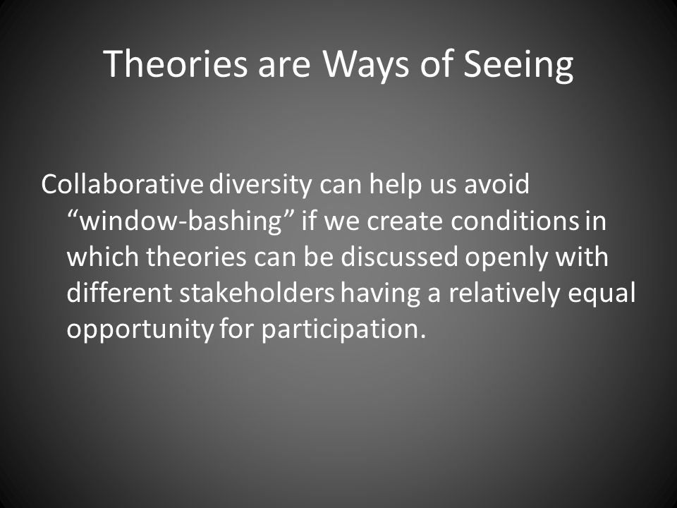 Theories are Ways of Seeing Collaborative diversity can help us avoid window-bashing if we create conditions in which theories can be discussed openly with different stakeholders having a relatively equal opportunity for participation.