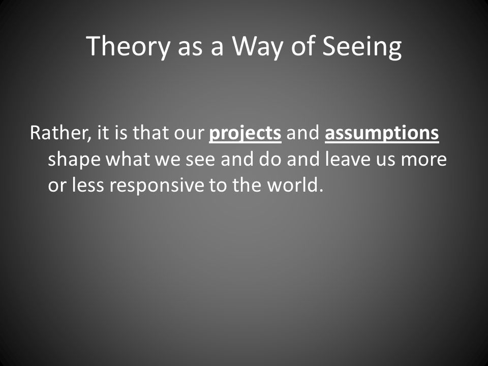 Theory as a Way of Seeing Rather, it is that our projects and assumptions shape what we see and do and leave us more or less responsive to the world.