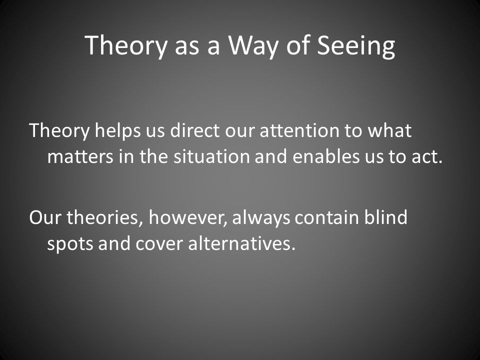 Theory as a Way of Seeing Theory helps us direct our attention to what matters in the situation and enables us to act.